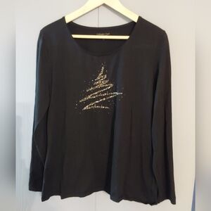 Coldwater Creek Black Long-Sleeve Top with Gold Sparkle Tree